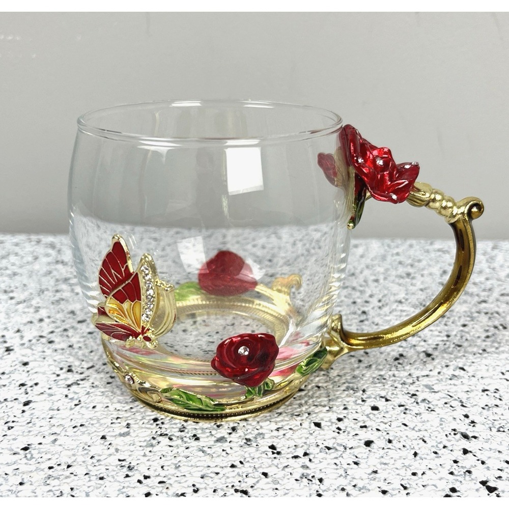 Glass Metal Enamel‎ Tea Coffee Mug Cup Red Rose & Jeweled Butterfly Whimsical